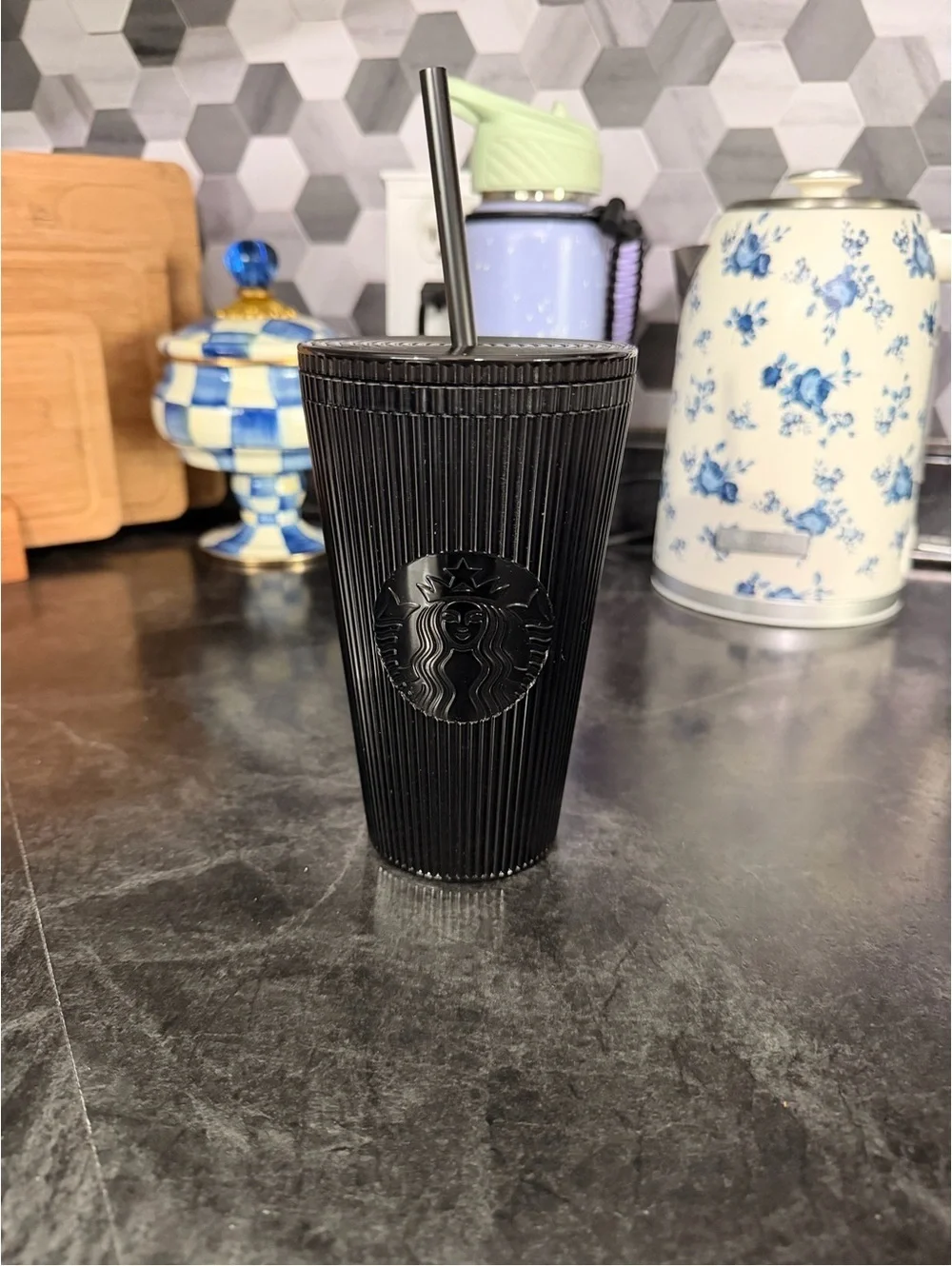 Starbucks Black Ribbed Tumbler with Matching Straw